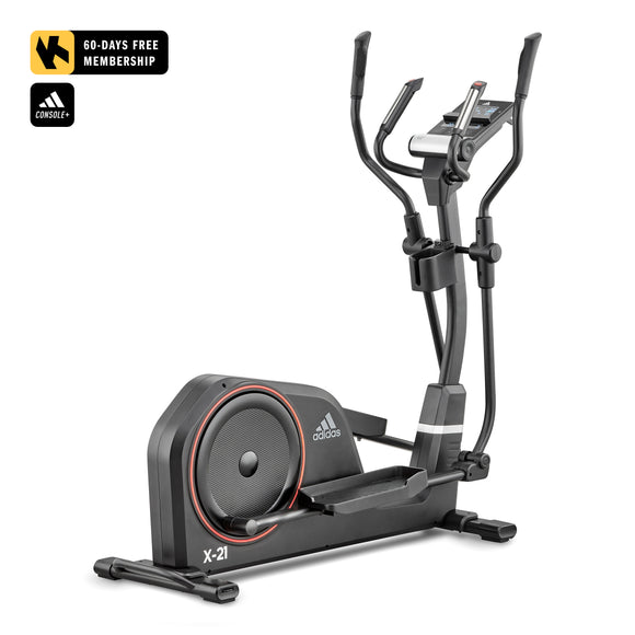 Adidas elliptical machine on a white background with Adidas logo.
