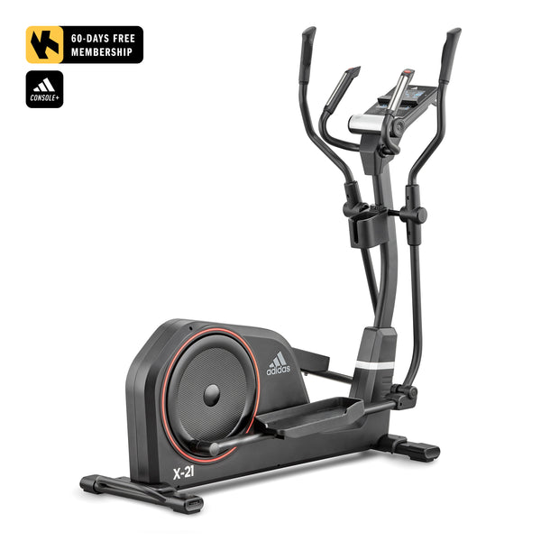 Adidas elliptical machine on a white background with Adidas logo.